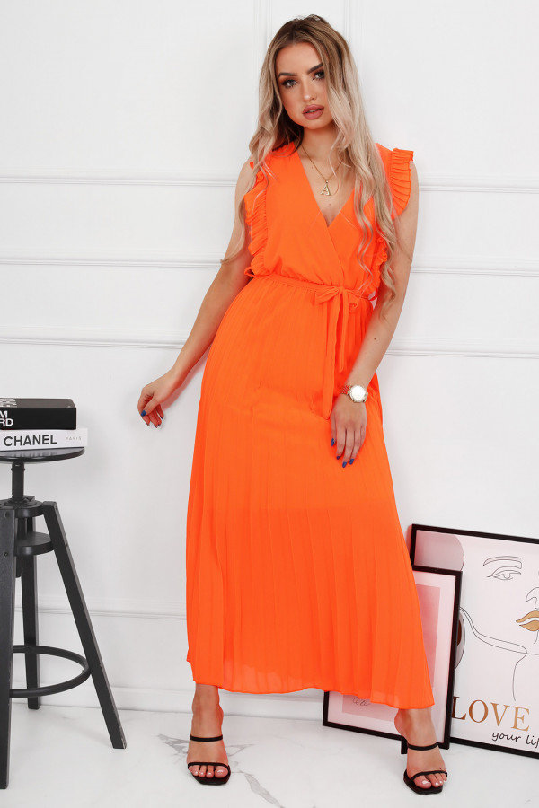 Sukienka Plisowana Porto Neonowy Pomarańczowy